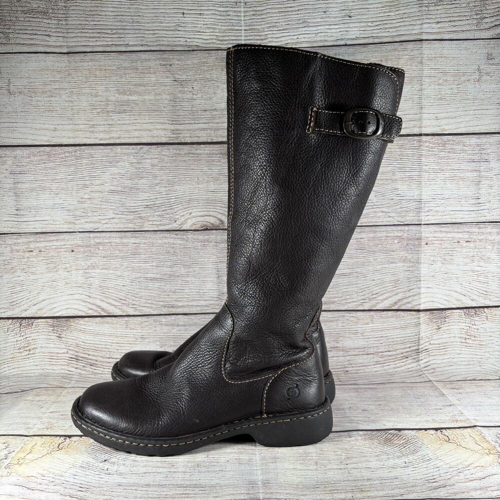 Børn Women's Dark Brown Leather Knee-High Boots Zipper Buckle Comfort US 8